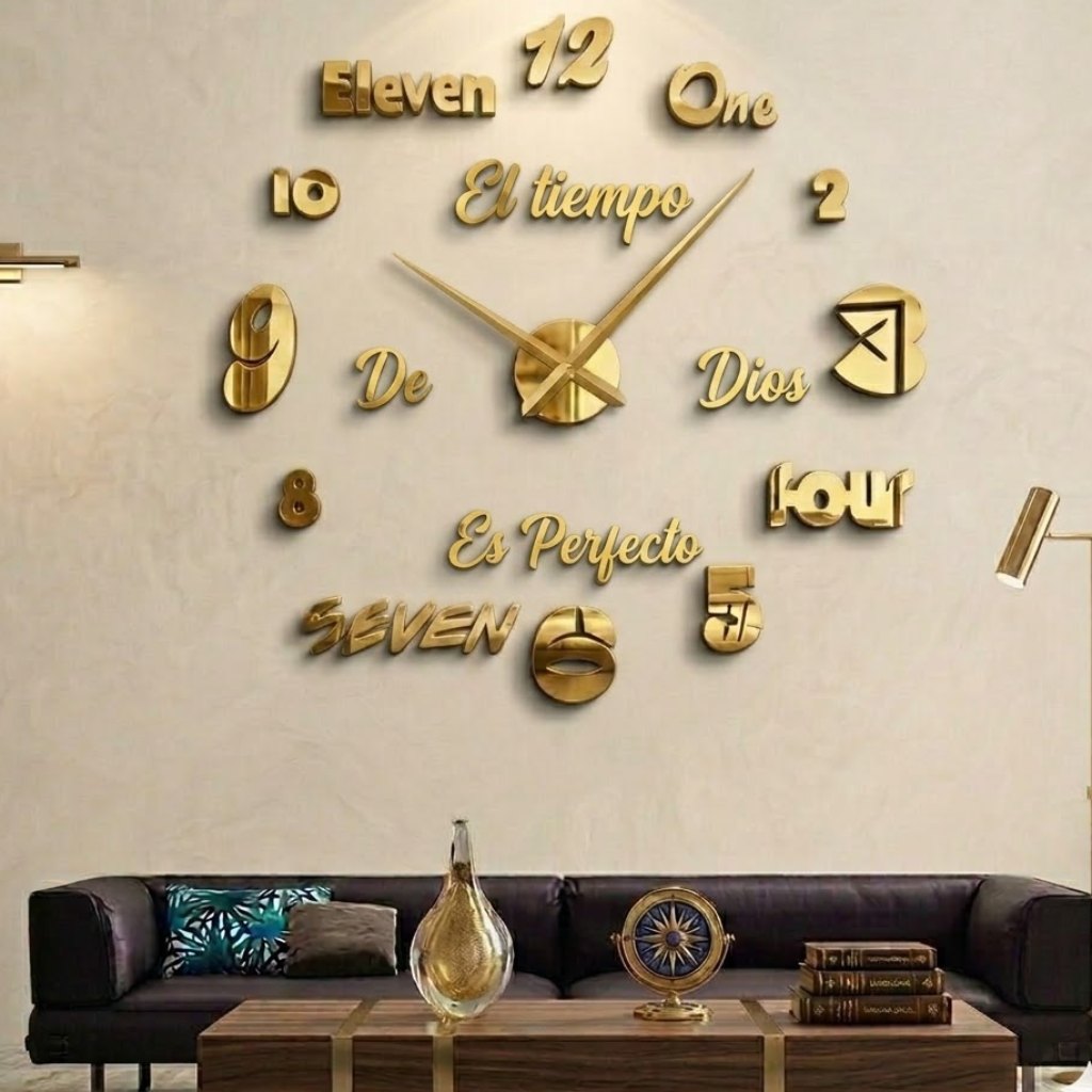 Reloj de pared 022 dorado con frase El tiempo de Dios es perfecto