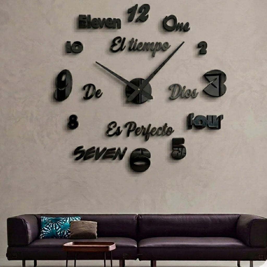 Reloj de pared 022 negro con frase El tiempo de Dios es perfecto
