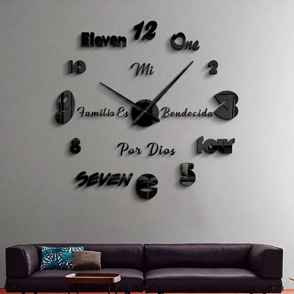 Reloj de pared 022 negro con frase Mi familia es bendecida por Dios