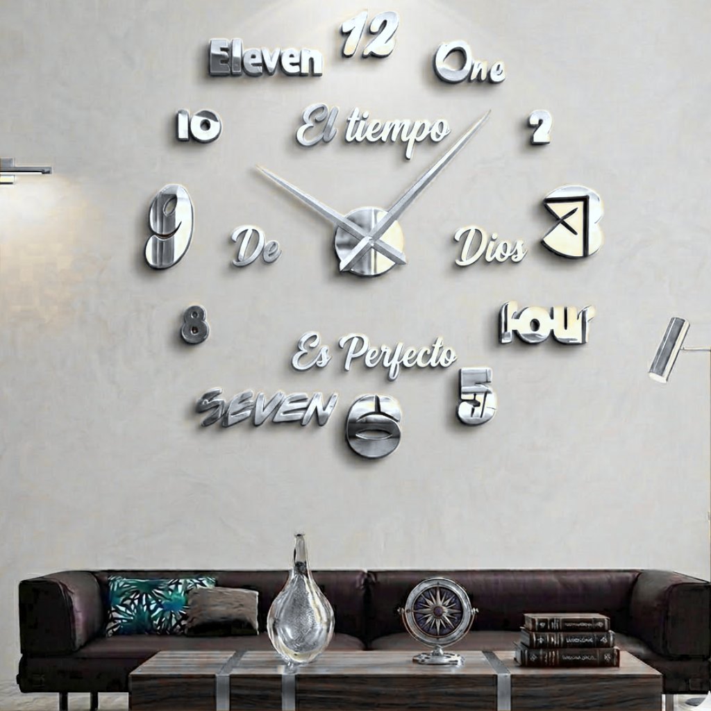 Reloj de pared 022 plateado con frase El tiempo de Dios es perfecto