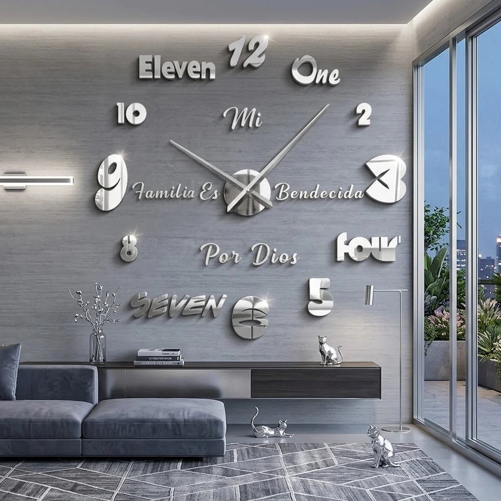 Reloj de pared 022 plateado con frase Mi familia es bendecida por Dios