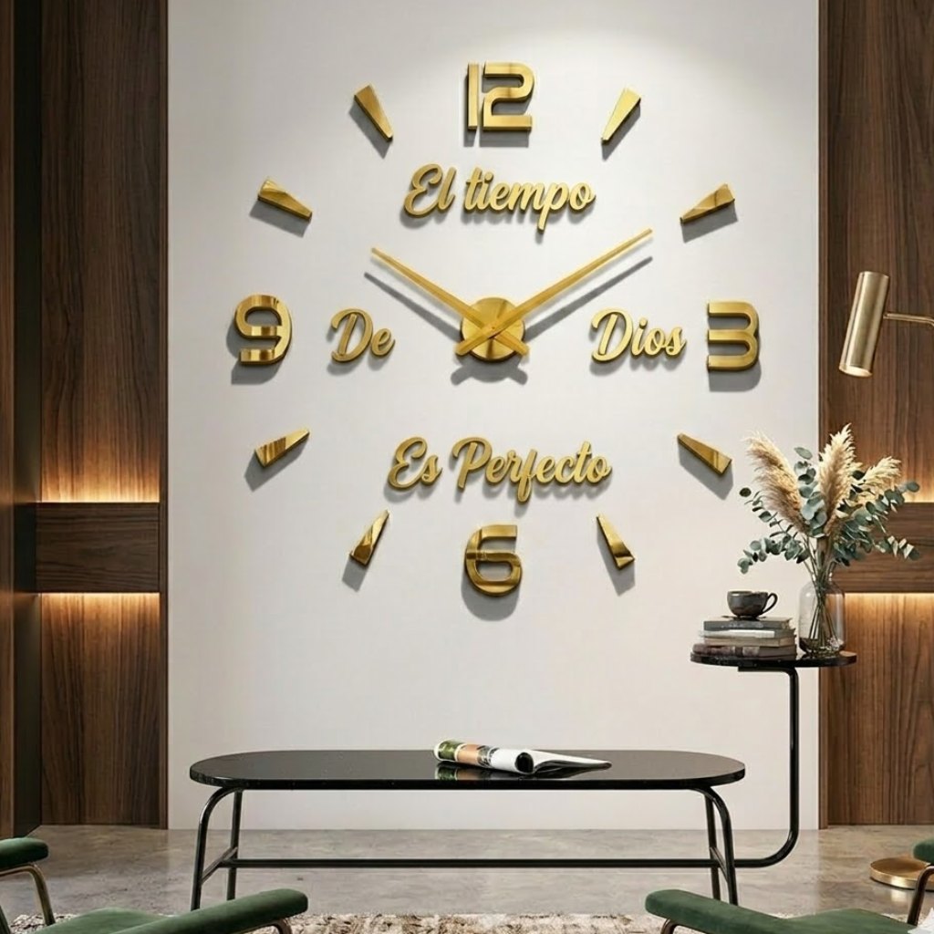 Reloj de pared 034 dorado con frase El tiempo de Dios es perfecto