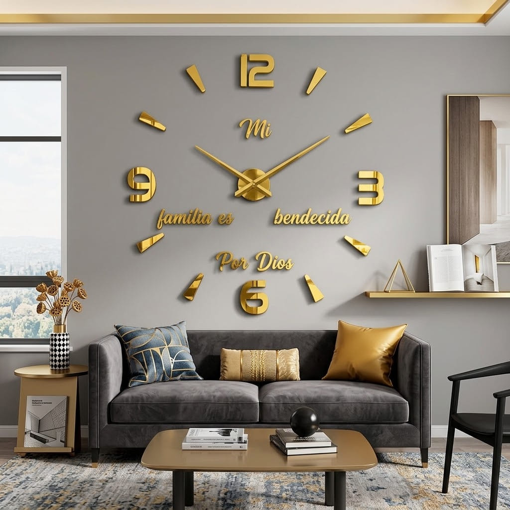Reloj de pared 034 dorado con frase Mi familia es bendecida por Dios
