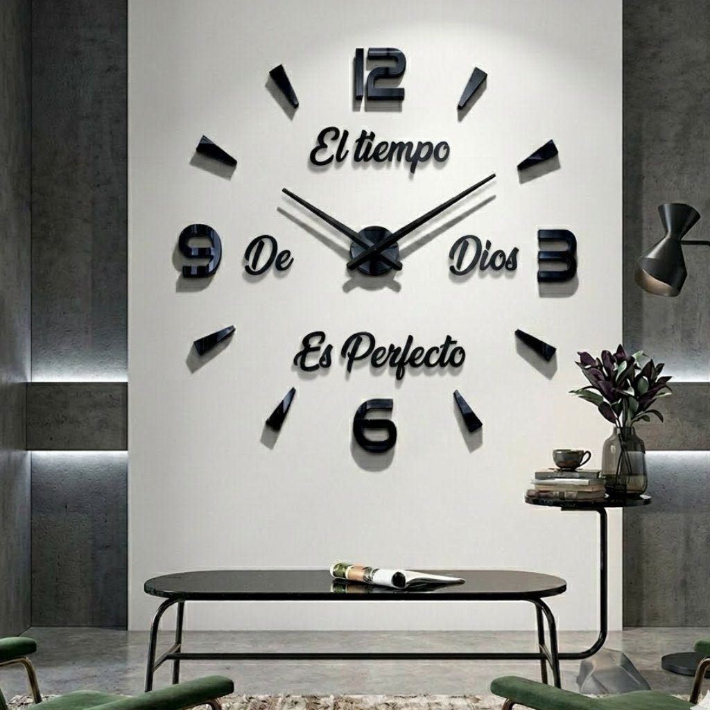 Reloj de pared 034 negro con frase El tiempo de Dios es perfecto