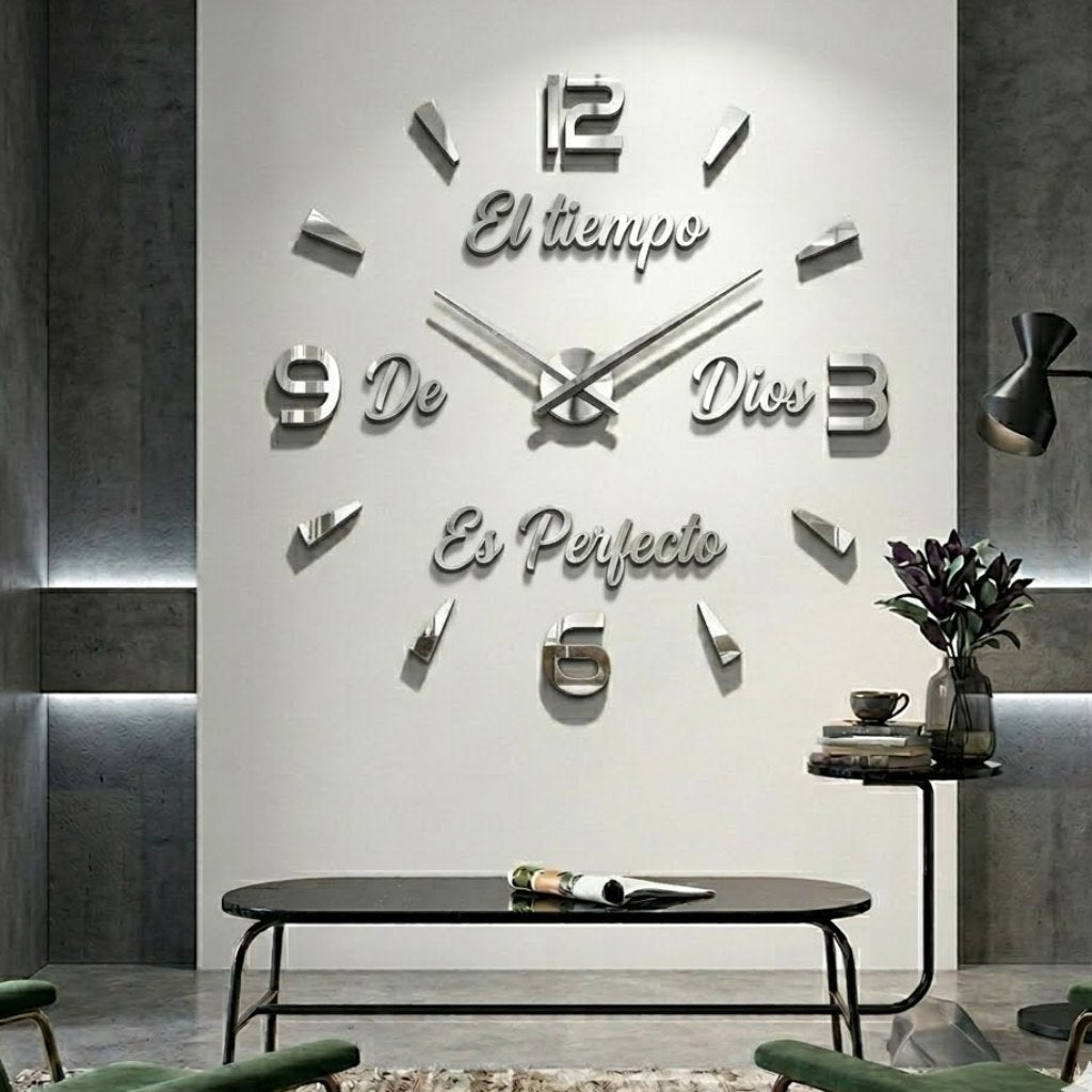 Reloj de pared 034 plateado con frase El tiempo de Dios es perfecto