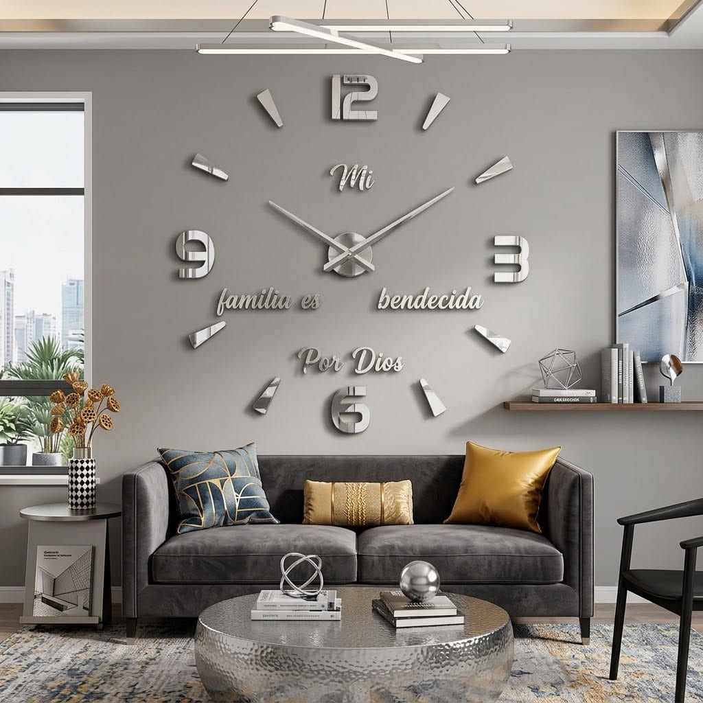Reloj de pared 034 plateado con frase Mi familia es bendecida por Dios