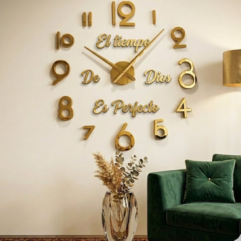 Reloj de pared 036 dorado con frase El tiempo de Dios es perfecto