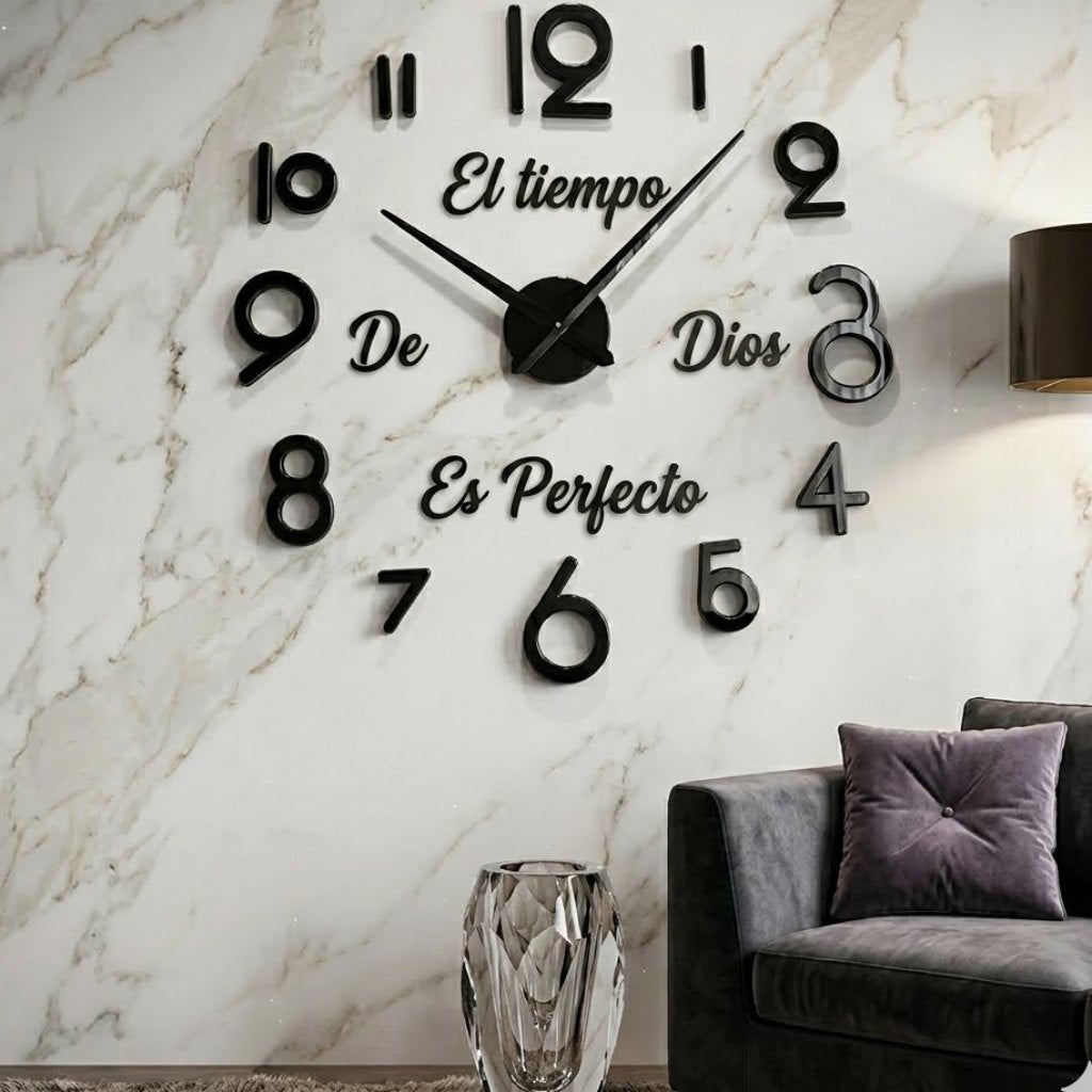 Reloj de pared 036 negro con frase El tiempo de Dios es perfecto