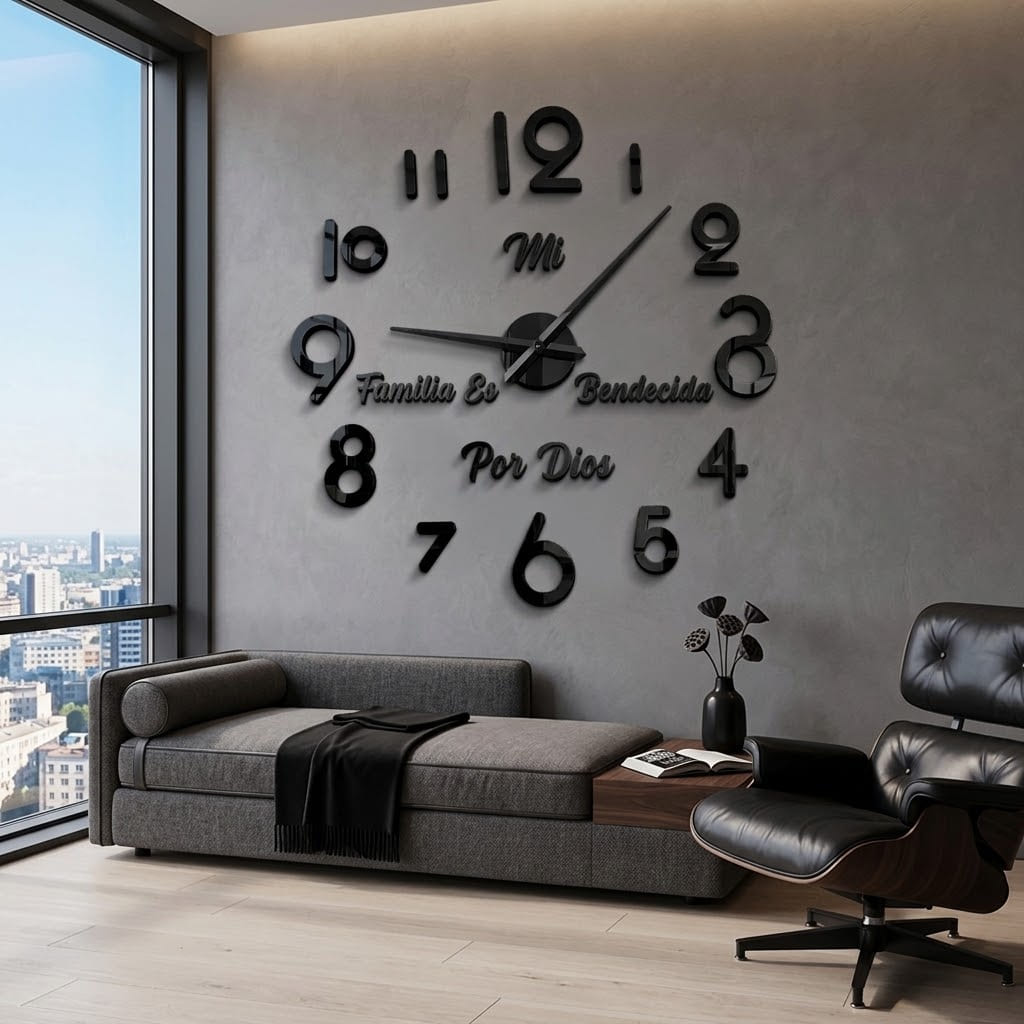 Reloj de pared 036 negro con frase Mi familia es bendecida por Dios