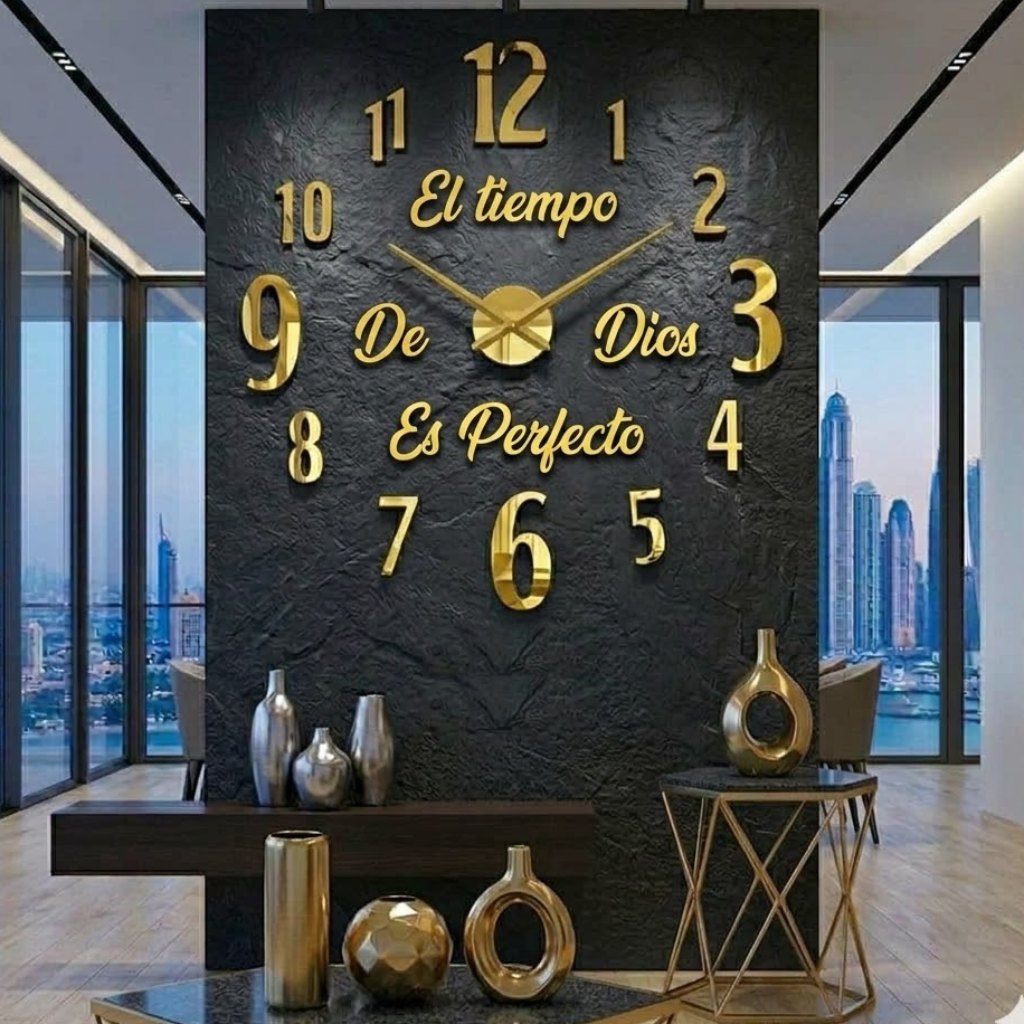 Reloj de pared 1725 dorado con frase El tiempo de Dios es perfecto