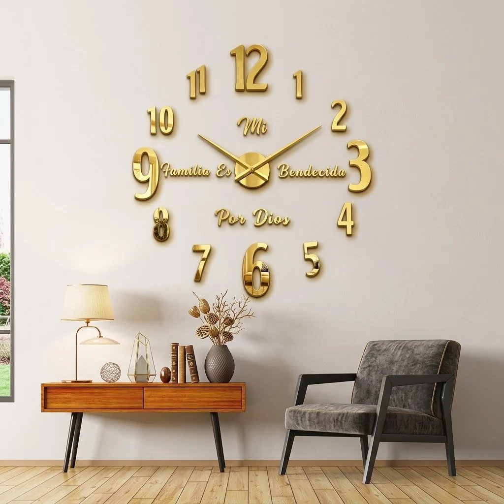 Reloj de pared 1725 dorado con frase Mi familia es bendecida por Dios