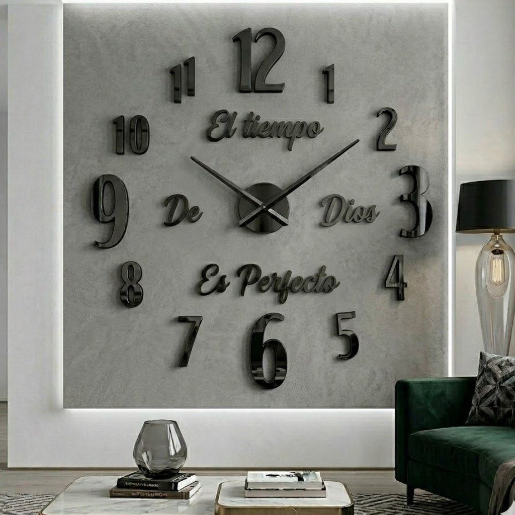 Reloj de pared 1725 negro con frase El tiempo de Dios es perfecto