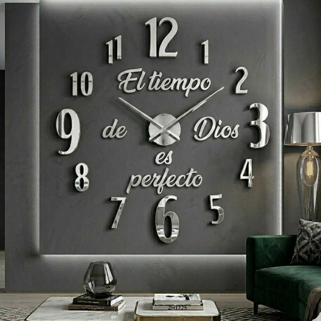Reloj de pared 1725 plateado con frase El tiempo de Dios es perfecto