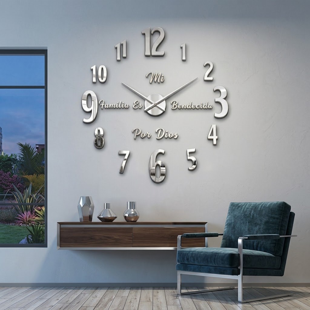 Reloj de pared 1725 plateado con frase Mi familia es bendecida por Dios