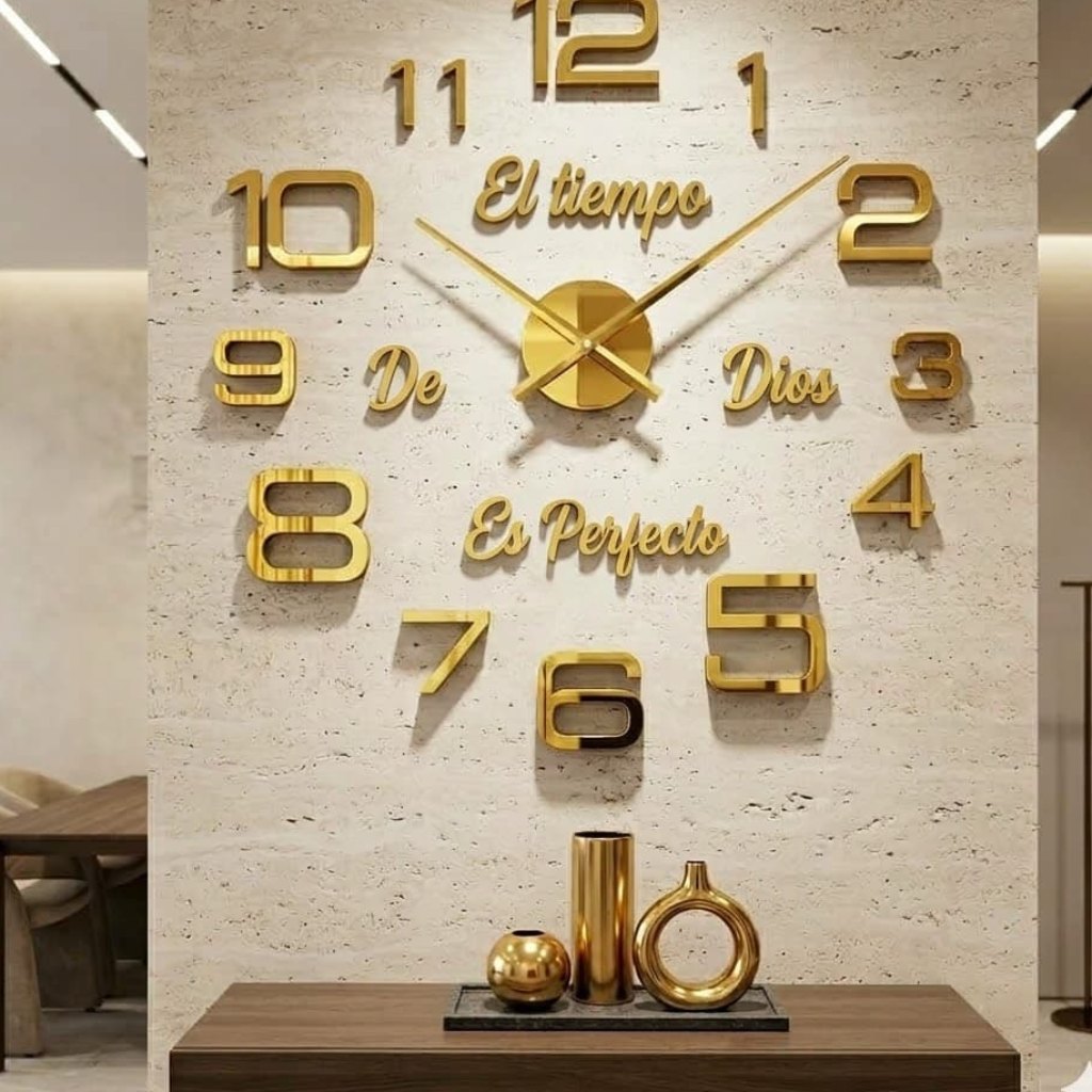 Reloj de pared 1809 dorado con frase El tiempo de Dios es perfecto
