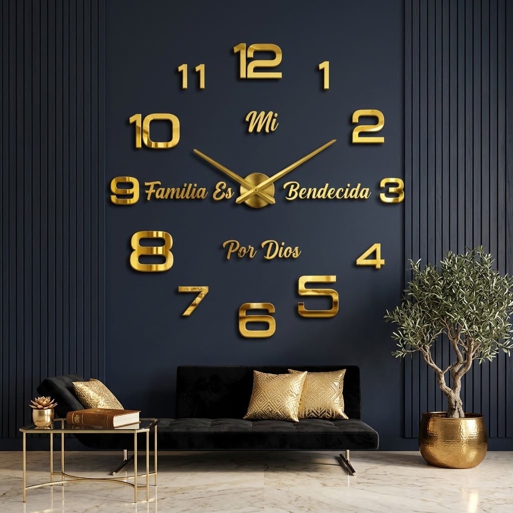 Reloj de pared 1809 dorado con frase Mi familia es bendecida por Dios