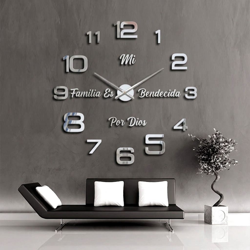 Reloj de pared 1809 plateado con frase Mi familia es bendecida por Dios