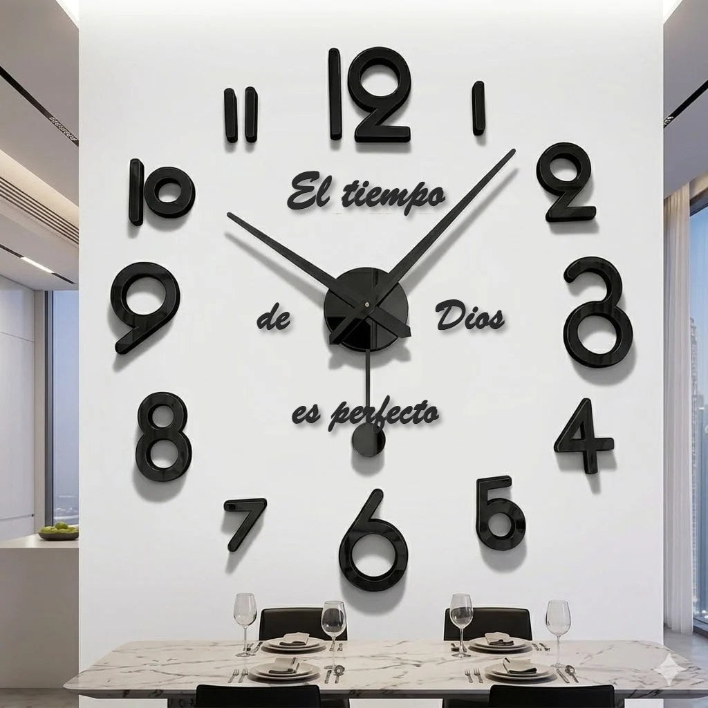 Reloj de pared 036 con péndulo negro con frase El tiempo de Dios es perfecto