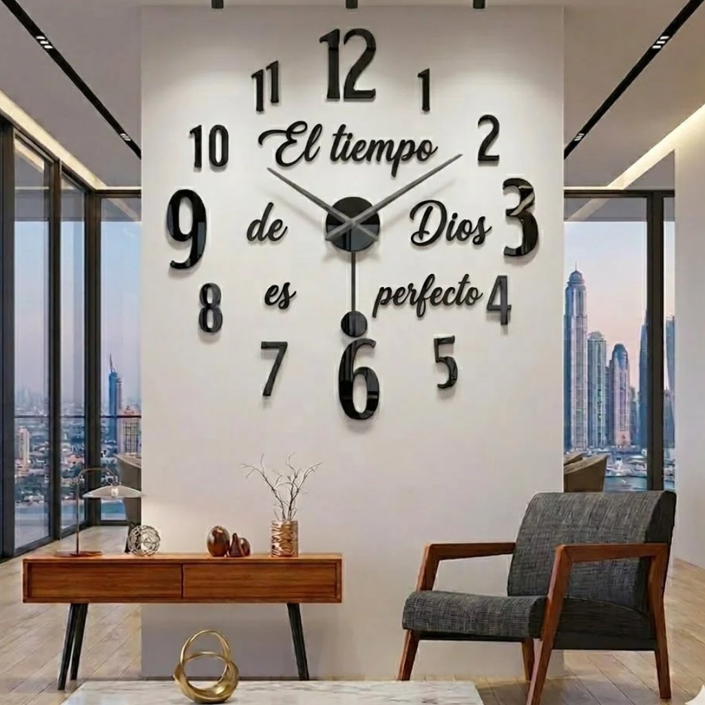 Reloj de pared 1725 con péndulo negro con frase El tiempo de Dios es perfecto