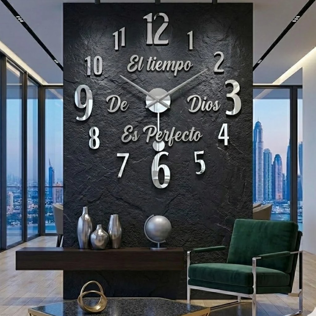 Reloj de pared 1725 con péndulo plateado con frase El tiempo de Dios es perfecto